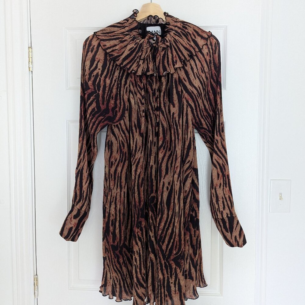 Ganni Tiger-Print Mini Dress in Brown and Black - Picture 3 of 6